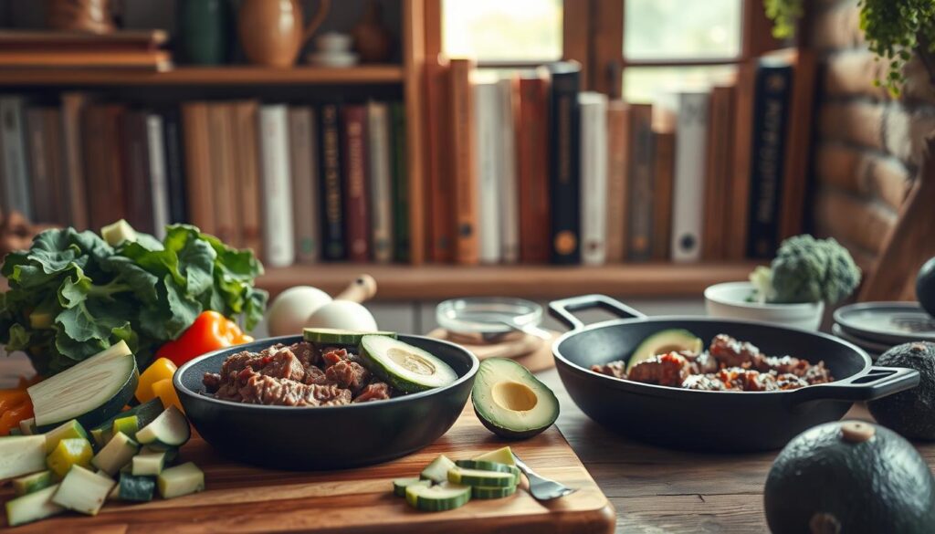 A rustic kitchen scene filled with a variety of keto-friendly ingredients. In the foreground, a wooden cutting board showcases freshly chopped vegetables like zucchini, bell peppers, and broccoli. Middle ground features a cast iron skillet sizzling with grass-fed beef and creamy avocado slices. In the background, a minimalist bookshelf displays a collection of keto cookbooks with earthy, muted covers. Warm, natural lighting from a large window illuminates the scene, casting soft shadows and highlighting the textures of the ingredients. The overall mood is cozy, wholesome, and inviting, reflecting the nourishing nature of a ketogenic diet.
