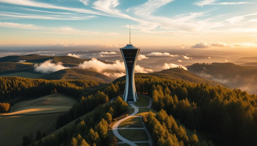 A scenic aerial view of the iconic Krynica Viewpoint Tower, standing tall amidst the rolling hills and lush forests of the Polish countryside. The tower's sleek, modern design contrasts beautifully with the soft, wispy clouds drifting overhead, bathing the scene in a warm, golden glow. In the foreground, a winding path leads visitors towards the tower's entrance, inviting them to embark on an enchanting journey above the treetops. The overall atmosphere is one of tranquility and wonder, capturing the essence of this breathtaking natural wonder.