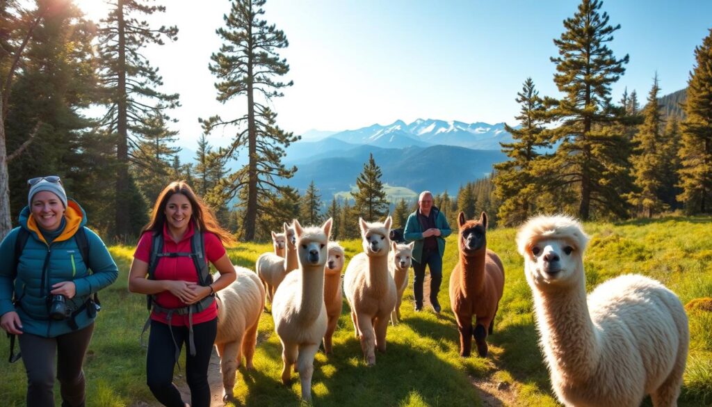 A scenic mountain trail winds through a lush, verdant landscape, with a herd of friendly alpacas trotting alongside hikers. The alpacas' soft, woolly coats glisten in the warm, golden sunlight filtering through the canopy of towering pine trees. In the distance, the majestic peaks of the Tatra Mountains rise, their snowcapped summits creating a breathtaking backdrop. Hikers, clad in comfortable hiking gear, smile and interact with the gentle, curious alpacas, capturing the moment on their cameras. The tranquil, serene atmosphere invites a sense of calm and connection with nature, making this a truly memorable trekking experience in the heart of Kraków.