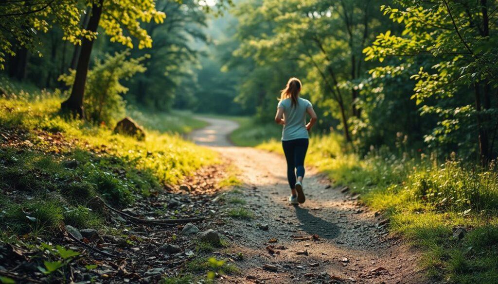 A scenic trail winding through a lush, verdant landscape, with a person walking briskly in the foreground. The path is well-defined, with natural elements like rocks, leaves, and fallen branches adding texture and depth. Soft, diffuse lighting filters through the canopy of trees, casting a warm, golden glow over the scene. The atmosphere is one of tranquility and gentle exercise, with the person's silhouette serving as the focal point, conveying a sense of calorie-burning activity. The background is slightly blurred, allowing the viewer to focus on the central subject. The overall impression is of a peaceful, invigorating walk in nature.