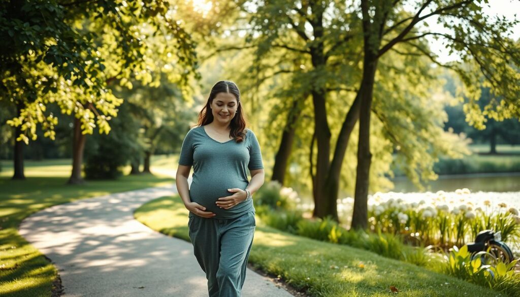 A serene and tranquil outdoor scene of a pregnant woman enjoying a leisurely stroll on a winding path through a lush, verdant park. Soft, diffused natural lighting filters through the canopy of leafy trees, casting a warm, soothing glow. The woman's expression is one of calm and contentment, as she gently caresses her pregnant belly, mindful of her steps. In the background, a picturesque pond reflects the surrounding foliage, creating a sense of peaceful harmony. The composition emphasizes the importance of staying active and embracing the benefits of gentle exercise during pregnancy, while prioritizing safety and comfort. A serene and tranquil outdoor scene of a pregnant woman enjoying a leisurely stroll on a winding path through a lush, verdant park. Soft, diffused natural lighting filters through the canopy of leafy trees, casting a warm, soothing glow. The woman's expression is one of calm and contentment, as she gently caresses her pregnant belly, mindful of her steps. In the background, a picturesque pond reflects the surrounding foliage, creating a sense of peaceful harmony. The composition emphasizes the importance of staying active and embracing the benefits of gentle exercise during pregnancy, while prioritizing safety and comfort.