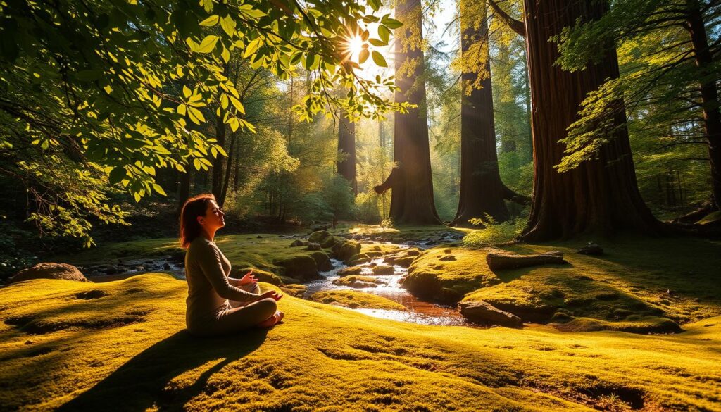 A serene forest clearing bathed in warm, golden sunlight. In the foreground, a person sits cross-legged on the moss-covered ground, eyes closed in peaceful meditation. The dappled light filters through the lush canopy of emerald leaves overhead, casting a calming, natural ambiance. In the middle ground, a small stream gurgles softly, its crystal-clear waters reflecting the surrounding verdant foliage. The background features towering, ancient trees, their trunks rising majestically, conveying a sense of timelessness and interconnectedness with the natural world. This idyllic scene evokes a profound feeling of rejuvenation and well-being, illustrating the profound impact that immersion in nature can have on one's mental and physical state.