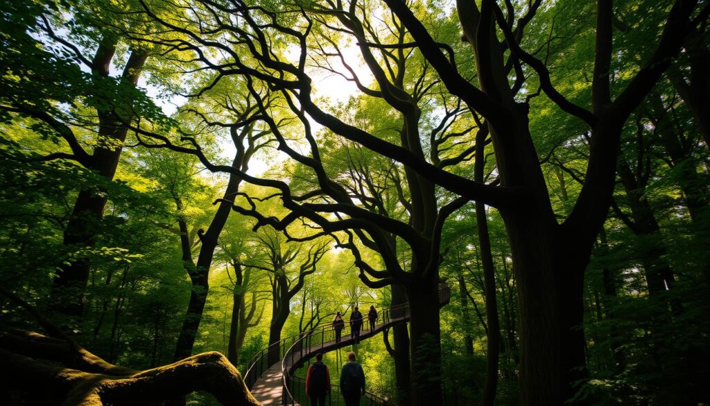 A serene forest in Germany, the canopy above forming a verdant, cathedral-like embrace. Sunlight filters through the lush, swaying foliage, casting a warm, golden glow on the winding path below. Towering, ancient trees with twisted, gnarly branches reach skyward, their crowns intertwined to create a natural, living cathedral. Hikers meander through this enchanting, otherworldly landscape, their silhouettes barely visible beneath the verdant arches. The air is crisp, the atmosphere tranquil, inviting visitors to immerse themselves in the peaceful solitude of this remarkable, tree-top walkway. A serene forest in Germany, the canopy above forming a verdant, cathedral-like embrace. Sunlight filters through the lush, swaying foliage, casting a warm, golden glow on the winding path below. Towering, ancient trees with twisted, gnarly branches reach skyward, their crowns intertwined to create a natural, living cathedral. Hikers meander through this enchanting, otherworldly landscape, their silhouettes barely visible beneath the verdant arches. The air is crisp, the atmosphere tranquil, inviting visitors to immerse themselves in the peaceful solitude of this remarkable, tree-top walkway.