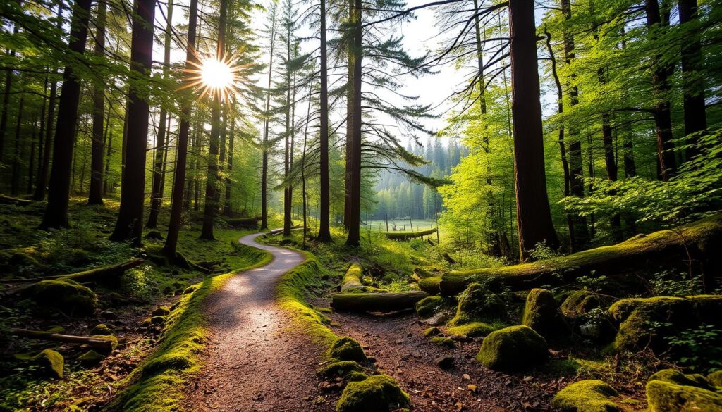 A serene forest path winds through a lush, verdant landscape. Sunlight filters through the canopy of towering trees, casting a warm, natural glow on the scene. In the foreground, a well-maintained trail invites the viewer to embark on a peaceful stroll, surrounded by the sights and sounds of the forest. Moss-covered rocks and fallen logs add to the sense of tranquility, while the distant trees in the background create a sense of depth and scale. The overall atmosphere is one of harmony and rejuvenation, perfectly capturing the essence of a "walk in nature" experience. A serene forest path winds through a lush, verdant landscape. Sunlight filters through the canopy of towering trees, casting a warm, natural glow on the scene. In the foreground, a well-maintained trail invites the viewer to embark on a peaceful stroll, surrounded by the sights and sounds of the forest. Moss-covered rocks and fallen logs add to the sense of tranquility, while the distant trees in the background create a sense of depth and scale. The overall atmosphere is one of harmony and rejuvenation, perfectly capturing the essence of a "walk in nature" experience.