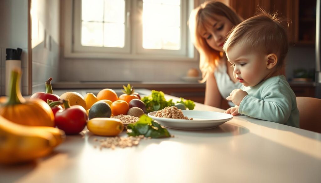 A serene kitchen counter, warm sunlight streaming through a nearby window. On the surface, an assortment of natural, whole foods - fresh fruits, vegetables, grains, and a baby-sized plate. A curious infant sits nearby, watching intently as a caregiver demonstrates the process of Baby Led Weaning, gently guiding the child to explore and taste the diverse textures and flavors. The atmosphere is calm and nurturing, reflecting the gentle approach of this method of introducing solid foods. The camera angle captures the scene from a low, child-friendly perspective, emphasizing the collaborative, sensory experience.
