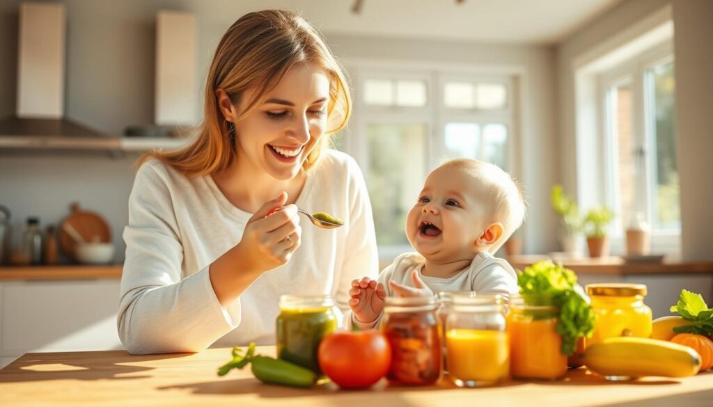 A serene kitchen interior, sunlight streaming through large windows, casting a warm glow on a wooden table. In the foreground, a mother gently spoons pureed vegetables into a smiling baby's open mouth, their faces alight with joy. Carefully arranged on the table, an array of colorful, fresh produce and baby food jars, symbolizing the process of expanding the infant's diet. The background features a neutral-toned, minimalist design, allowing the heartwarming scene to take center stage. The image conveys a sense of nurturing, discovery, and the tender moments of a growing child's culinary journey.
