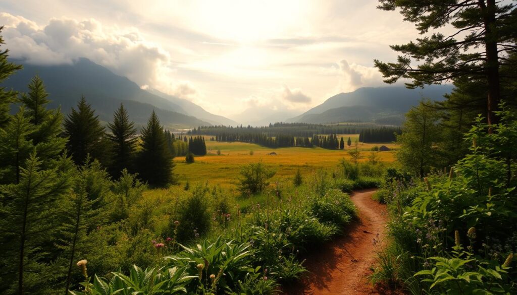 A serene landscape in Kudowa-Zdrój, where nature takes center stage. In the foreground, a winding path meanders through a lush, verdant forest, dotted with ferns and wildflowers. The middle ground reveals a picturesque meadow, bathed in warm, golden sunlight, with rolling hills in the distance. Towering peaks, shrouded in wispy clouds, form the dramatic backdrop, creating a sense of vastness and tranquility. The scene is captured with a wide-angle lens, emphasizing the grandeur and depth of the environment. The overall mood is one of peaceful contemplation, inviting the viewer to immerse themselves in the beauty of the natural world. A serene landscape in Kudowa-Zdrój, where nature takes center stage. In the foreground, a winding path meanders through a lush, verdant forest, dotted with ferns and wildflowers. The middle ground reveals a picturesque meadow, bathed in warm, golden sunlight, with rolling hills in the distance. Towering peaks, shrouded in wispy clouds, form the dramatic backdrop, creating a sense of vastness and tranquility. The scene is captured with a wide-angle lens, emphasizing the grandeur and depth of the environment. The overall mood is one of peaceful contemplation, inviting the viewer to immerse themselves in the beauty of the natural world.