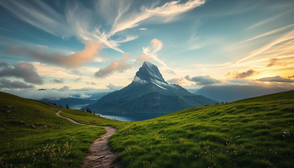 A serene landscape in the Karkonosze Mountains, Karpacz, Poland. In the foreground, a winding path leads through lush, verdant meadows dotted with wildflowers. Wispy, ethereal clouds drift lazily overhead, casting soft, diffused lighting across the scene. The midground features a towering, snow-capped peak, its jagged silhouette mirrored in a tranquil lake below. The background is a panorama of majestic, cloud-capped mountains, their rugged beauty accentuated by the warm, golden hues of the setting sun. The overall atmosphere is one of peace, solitude, and a profound connection with nature.