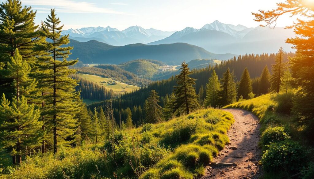 A serene landscape of the Białka Tatrzańska region, showcasing the best walking trails. In the foreground, a well-maintained dirt path winds through a lush, verdant forest, with sunlight filtering through the canopy of trees. In the middle ground, rolling hills and gentle slopes covered in vibrant greenery lead to the base of the majestic Tatra Mountains, their snow-capped peaks rising majestically in the background. The scene is bathed in warm, golden light, creating a tranquil and inviting atmosphere, perfect for a relaxing stroll. The composition emphasizes the natural beauty and tranquility of this outdoor haven, inviting the viewer to explore the picturesque trails of Białka Tatrzańska.
