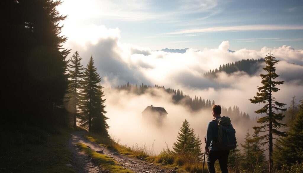 A serene mountain landscape in Szklarska Poręba, Poland, shrouded in wispy clouds. A winding path leads through a lush, verdant forest, flanked by towering pine trees. In the distance, the silhouette of a weathered wooden cabin nestled among the peaks. Warm, golden sunlight filters through the clouds, casting a soft, ethereal glow over the scene. The air is crisp and fresh, with a hint of pine and wildflowers. A lone hiker, backpack in hand, pauses to take in the breathtaking panorama, surrounded by the majestic splendor of the Karkonosze mountains. A serene mountain landscape in Szklarska Poręba, Poland, shrouded in wispy clouds. A winding path leads through a lush, verdant forest, flanked by towering pine trees. In the distance, the silhouette of a weathered wooden cabin nestled among the peaks. Warm, golden sunlight filters through the clouds, casting a soft, ethereal glow over the scene. The air is crisp and fresh, with a hint of pine and wildflowers. A lone hiker, backpack in hand, pauses to take in the breathtaking panorama, surrounded by the majestic splendor of the Karkonosze mountains.