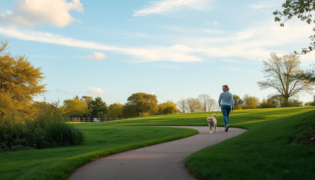 A serene outdoor scene capturing the benefits of regular walks. A picturesque park with lush greenery and a winding path in the foreground, inviting the viewer to explore. In the middle ground, a person walking their dog, embodying the joy and companionship of these routine strolls. The background features a clear sky with gentle clouds, creating a sense of tranquility and rejuvenation. Soft, warm lighting illuminates the scene, highlighting the vibrant colors and textures of the natural environment. The composition balances the human and canine elements with the peaceful, restorative landscape, conveying the physical, mental, and emotional advantages of consistent walking.