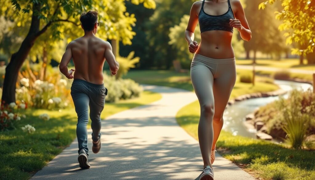 A serene outdoor setting, a picturesque park or garden path, with sunlight filtering through the lush foliage. In the foreground, a person walking briskly, their stride purposeful, muscles toned and energized. The middle ground showcases the results of their regular walking routine - a slimmer, more toned physique, radiating health and vitality. In the background, a tranquil scene with trees, flowers, and a meandering stream, conveying a sense of balance and harmony. The lighting is warm and natural, casting a golden glow and enhancing the overall mood of the image. The camera angle is slightly elevated, providing a panoramic view that captures the full scope of the scene and the individual's journey towards weight loss through the power of walking.