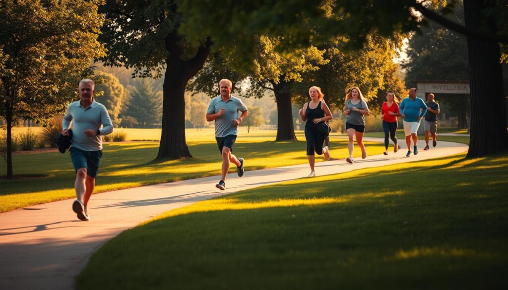 A serene park setting with a walking path winding through lush greenery. In the foreground, a person strolls at a leisurely pace, their steps measured and deliberate. The middle ground features another person jogging at a brisk tempo, their body language conveying a sense of exertion. In the background, a group of individuals power walking, their arms swinging in sync as they cover ground efficiently. Warm, golden-hour lighting casts a soft glow over the scene, highlighting the difference in calorie-burning potential between the various walking paces. The overall atmosphere is one of tranquility and the pursuit of health, inviting the viewer to consider the impact of their own walking speed on their fitness goals.
