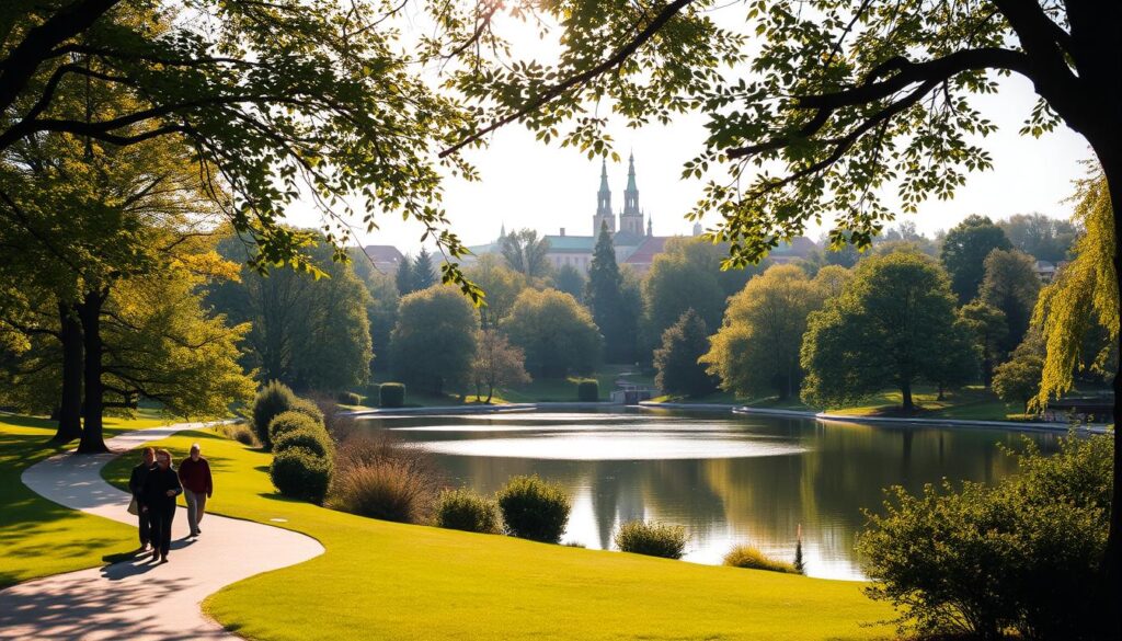 A serene scene of a tranquil park in Poznań, Poland. In the foreground, a group of people strolling along a winding path, enjoying the fresh air and lush greenery. The middle ground showcases a picturesque pond, its still waters reflecting the surrounding trees and skies. In the distance, the iconic architecture of Poznań's historic buildings stands tall, creating a charming backdrop. Warm, diffused sunlight filters through the canopy, casting a soft, golden glow over the entire landscape. The atmosphere is one of relaxation and rejuvenation, inviting viewers to imagine themselves immersed in the peaceful ambiance of an outdoor walk in this vibrant city. A serene scene of a tranquil park in Poznań, Poland. In the foreground, a group of people strolling along a winding path, enjoying the fresh air and lush greenery. The middle ground showcases a picturesque pond, its still waters reflecting the surrounding trees and skies. In the distance, the iconic architecture of Poznań's historic buildings stands tall, creating a charming backdrop. Warm, diffused sunlight filters through the canopy, casting a soft, golden glow over the entire landscape. The atmosphere is one of relaxation and rejuvenation, inviting viewers to imagine themselves immersed in the peaceful ambiance of an outdoor walk in this vibrant city.
