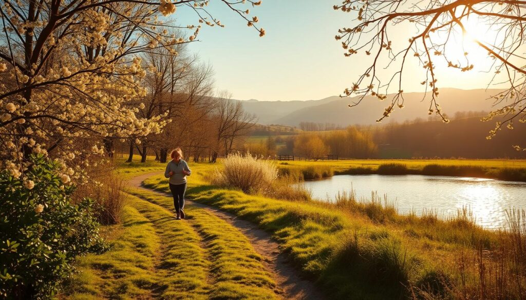 A serene spring landscape bathed in warm, golden light. In the foreground, a person strolling down a winding path, their stride energetic and carefree. Lush, verdant foliage surrounds them, with delicate blossoms dotting the trees and bushes. The middle ground features a tranquil pond, its surface gently rippling, reflecting the vibrant colors of the scene. In the background, rolling hills and distant mountains create a sense of depth and harmony. The atmosphere is one of rejuvenation and well-being, capturing the health benefits of an invigorating spring walk. A serene spring landscape bathed in warm, golden light. In the foreground, a person strolling down a winding path, their stride energetic and carefree. Lush, verdant foliage surrounds them, with delicate blossoms dotting the trees and bushes. The middle ground features a tranquil pond, its surface gently rippling, reflecting the vibrant colors of the scene. In the background, rolling hills and distant mountains create a sense of depth and harmony. The atmosphere is one of rejuvenation and well-being, capturing the health benefits of an invigorating spring walk.