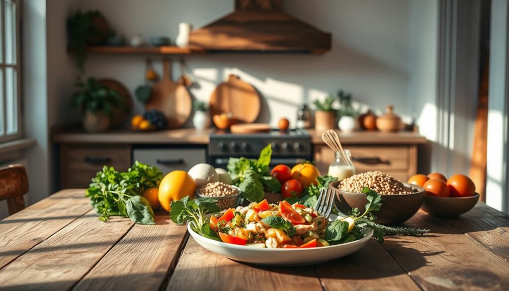 A serene, sun-dappled kitchen interior with a rustic wooden table in the foreground, showcasing a variety of wholesome, liver-friendly ingredients such as leafy greens, citrus fruits, whole grains, and lean proteins. In the middle ground, a clean, minimalist plate displays a balanced, appetizing meal, while the background features earthy tones, natural textures, and soothing, indirect lighting that evokes a sense of nourishment and wellbeing. The overall composition conveys the tranquility and simplicity of a liver-supportive diet. A serene, sun-dappled kitchen interior with a rustic wooden table in the foreground, showcasing a variety of wholesome, liver-friendly ingredients such as leafy greens, citrus fruits, whole grains, and lean proteins. In the middle ground, a clean, minimalist plate displays a balanced, appetizing meal, while the background features earthy tones, natural textures, and soothing, indirect lighting that evokes a sense of nourishment and wellbeing. The overall composition conveys the tranquility and simplicity of a liver-supportive diet.