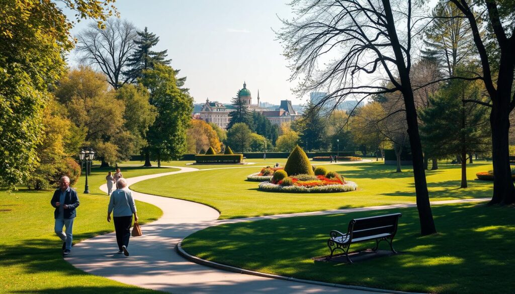A serene, sun-dappled park in the heart of Warsaw, with winding paths meandering through lush greenery. In the foreground, a group of senior citizens strolling leisurely, enjoying the tranquil atmosphere. The middle ground reveals beautifully maintained flower beds and picturesque park benches, inviting visitors to rest and appreciate the natural surroundings. In the background, the skyline of Warsaw's historic buildings creates a picturesque backdrop, hinting at the city's rich cultural heritage. Soft, warm lighting casts a gentle glow, fostering a sense of comfort and relaxation. The overall scene exudes a peaceful, contemplative mood, perfectly suited for a leisurely stroll in the city.