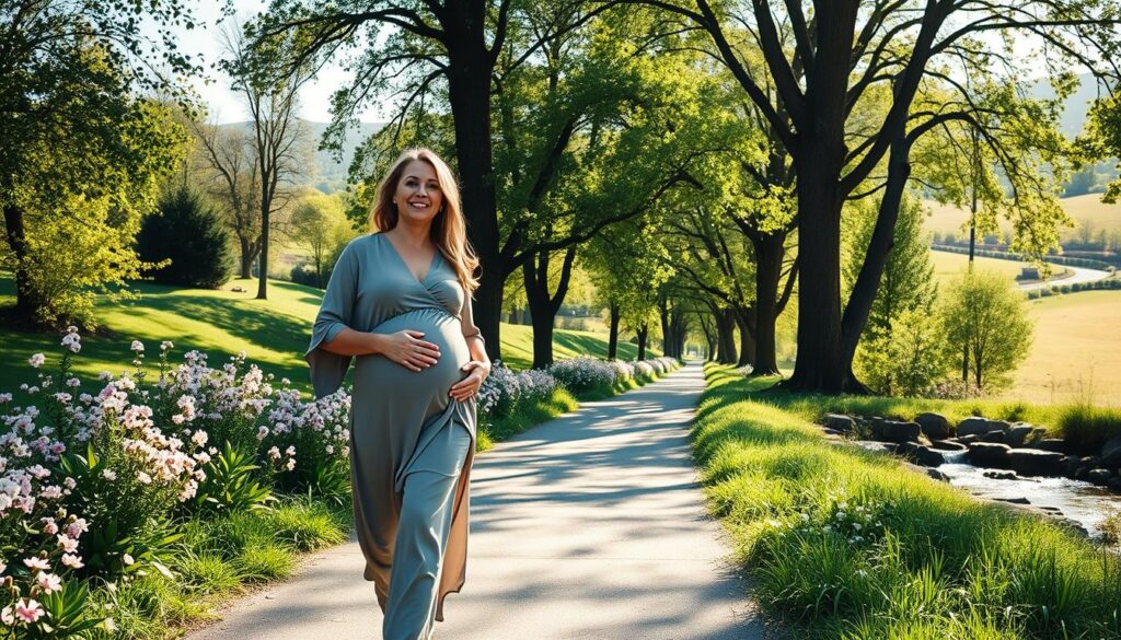 A serene, sun-dappled park scene with a pregnant woman strolling peacefully, a gentle smile on her face. She wears comfortable, flowing maternity attire and her hand rests protectively on her rounded belly. The path before her is lined with lush greenery, flowers in bloom, and dappled shadows from the canopy of trees above. The lighting is soft and warm, creating a tranquil, contemplative atmosphere. In the distance, a babbling brook and rolling hills add to the calming, nature-filled ambiance. The overall scene conveys the physical and mental benefits of prenatal walking - improved circulation, mood, and connection with the natural world. A serene, sun-dappled park scene with a pregnant woman strolling peacefully, a gentle smile on her face. She wears comfortable, flowing maternity attire and her hand rests protectively on her rounded belly. The path before her is lined with lush greenery, flowers in bloom, and dappled shadows from the canopy of trees above. The lighting is soft and warm, creating a tranquil, contemplative atmosphere. In the distance, a babbling brook and rolling hills add to the calming, nature-filled ambiance. The overall scene conveys the physical and mental benefits of prenatal walking - improved circulation, mood, and connection with the natural world.