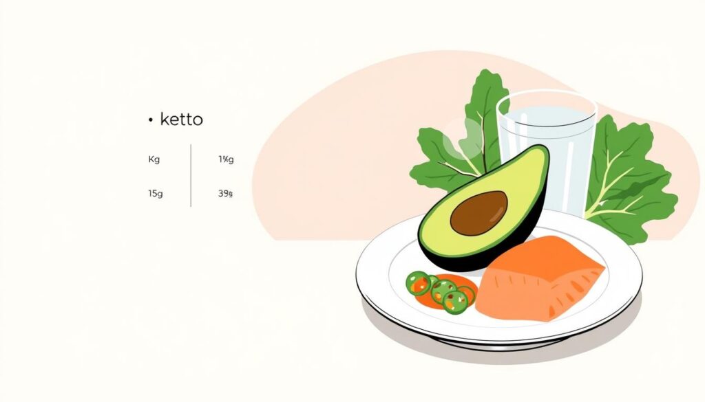 A sleek and modern minimalist illustration showcasing the core principles of the keto diet. In the foreground, a stylized plate with a selection of keto-friendly foods - avocado, salmon, leafy greens, and a glass of water. The middle ground features a simple visual breakdown of the keto macronutrient ratios, with clear, infographic-style icons. The background is a soft, neutral palette, allowing the key elements to take center stage. The overall mood is clean, informative, and visually appealing, conveying the essence of the keto diet's core tenets in a concise, easy-to-understand manner.