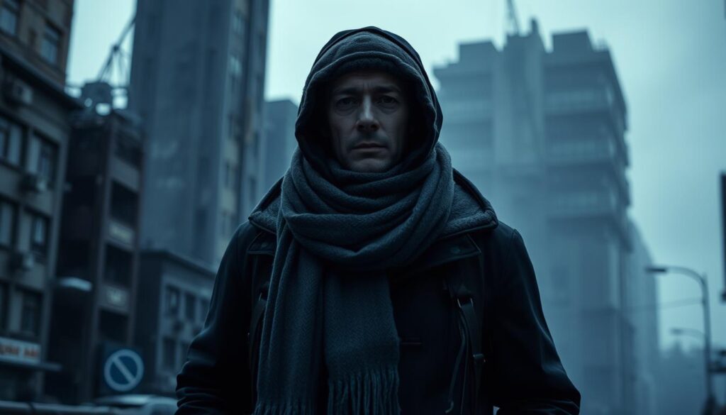 A spacer walking through a dimly lit, dystopian cityscape, bundled up against the cold in a heavy coat, scarf, and hat. The environment has a gritty, industrial feel, with towering buildings and a gray, overcast sky. The spacer's expression is tired and weary, reflecting the fatigue of enduring the harsh conditions. Soft, moody lighting casts long shadows, creating an atmosphere of isolation and melancholy. The scene conveys the sense of a spacer needing to venture out despite the unpleasant weather, perhaps to attend to necessary tasks or errands. The overall mood and visual elements evoke the challenges of navigating daily life while dealing with the effects of a "grypa" (illness) in this futuristic urban environment.