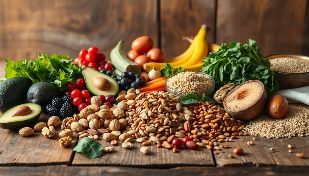 A still life arrangement depicting a selection of cholesterol-lowering foods on a rustic wooden table, illuminated by warm, natural lighting. In the foreground, a variety of fresh fruits and vegetables, such as avocados, leafy greens, and berries, are neatly arranged. In the middle ground, a variety of nuts, seeds, and legumes, including walnuts, almonds, and lentils, are scattered across the table. In the background, a few whole grains, such as quinoa and brown rice, are visible. The overall scene conveys a sense of health, vitality, and balance, highlighting the nutritious ingredients that can contribute to lowering cholesterol levels. A still life arrangement depicting a selection of cholesterol-lowering foods on a rustic wooden table, illuminated by warm, natural lighting. In the foreground, a variety of fresh fruits and vegetables, such as avocados, leafy greens, and berries, are neatly arranged. In the middle ground, a variety of nuts, seeds, and legumes, including walnuts, almonds, and lentils, are scattered across the table. In the background, a few whole grains, such as quinoa and brown rice, are visible. The overall scene conveys a sense of health, vitality, and balance, highlighting the nutritious ingredients that can contribute to lowering cholesterol levels.