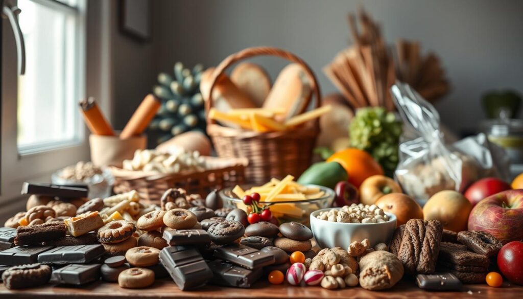 A still life arrangement of forbidden keto-diet foods, captured in natural window light. In the foreground, a assortment of tempting sweets - chocolate bars, cookies, and candy. In the middle ground, a basket of fresh bread and a bowl of pasta. The background features a variety of starchy vegetables, grains, and fruits. The lighting is soft and diffused, creating a pensive, cautionary mood. The composition emphasizes the alluring, yet restricted nature of these carbohydrate-rich items, conveying the disciplined focus required for the ketogenic lifestyle.