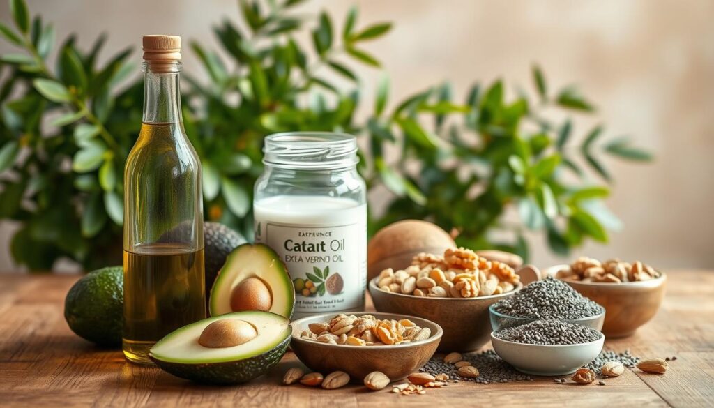 A still life composition of various healthy fats and oils on a wooden table, captured in warm, natural lighting. In the foreground, a bottle of extra virgin olive oil, a jar of unrefined coconut oil, and a pile of avocados. In the middle ground, a selection of nuts and seeds, such as walnuts, almonds, and chia seeds, arranged in small bowls. The background features a lush, green plant and a neutral-colored wall, creating a calming, earthy atmosphere. The image conveys the idea of nutritious, cholesterol-lowering fats that can be incorporated into a healthy diet. A still life composition of various healthy fats and oils on a wooden table, captured in warm, natural lighting. In the foreground, a bottle of extra virgin olive oil, a jar of unrefined coconut oil, and a pile of avocados. In the middle ground, a selection of nuts and seeds, such as walnuts, almonds, and chia seeds, arranged in small bowls. The background features a lush, green plant and a neutral-colored wall, creating a calming, earthy atmosphere. The image conveys the idea of nutritious, cholesterol-lowering fats that can be incorporated into a healthy diet.