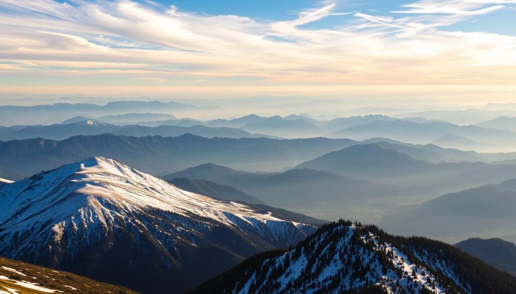 A stunning mountain landscape, captured from the Sky Walk vantage point in Zakopane. The foreground features a panoramic view of rolling, snow-capped peaks reaching towards the heavens, their rugged slopes bathed in the warm glow of golden hour sunlight. In the middle ground, wispy clouds drift lazily across the azure sky, creating dynamic shadows that dance across the mountainsides. The background is a breathtaking vista of distant, hazy peaks, their silhouettes fading into the atmospheric haze. The scene is imbued with a sense of tranquility and grandeur, inviting the viewer to pause and immerse themselves in the captivating natural beauty of the Tatra Mountains.