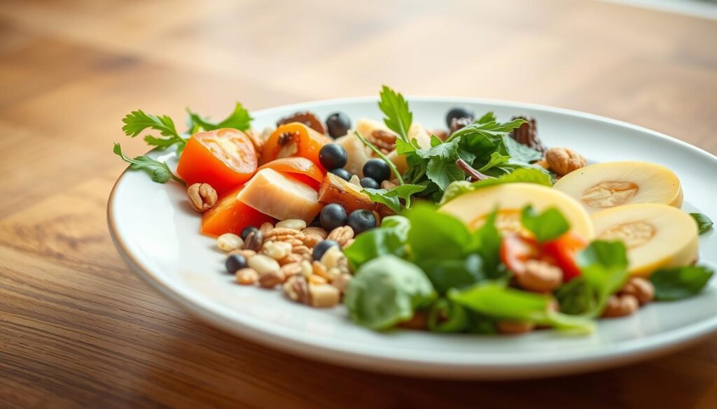 A stylish and minimalist composition of a balanced and appetizing meal, suitable for a low-carb diet to manage insulin resistance. In the foreground, an elegant plate featuring a variety of fresh vegetables, lean protein, and healthy fats, arranged with artistic precision. The middle ground showcases an assortment of supplementary ingredients, such as nuts, seeds, and low-glycemic fruits, creating a visually appealing and nutritious scene. The background is softly blurred, allowing the focus to remain on the main dish, conveyed under warm, natural lighting that accentuates the vibrant colors and textures. The overall mood is one of simplicity, health, and culinary sophistication, reflecting the principles of a diet appropriate for individuals with insulin resistance.
