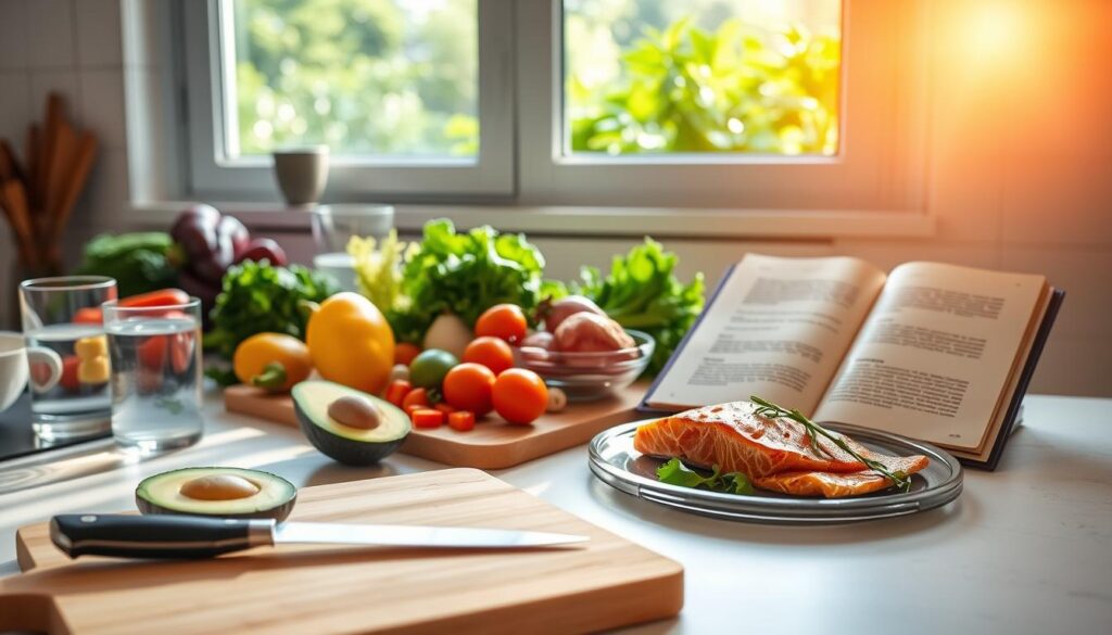 A sun-drenched kitchen counter, scattered with vibrant vegetables, a glass of water, and a open book displaying the steps to begin a ketogenic diet. The lighting is warm and inviting, casting a soft glow over the scene. In the foreground, a cutting board with a sharp knife, a bowl of avocado, and a plate of freshly cooked salmon, symbolizing the healthy, high-fat meals of a keto lifestyle. In the background, a window overlooking a lush green garden, representing the renewed energy and wellness that can come from embracing this transformative dietary approach. The overall atmosphere is one of simplicity, mindfulness, and a commitment to nourishing the body.