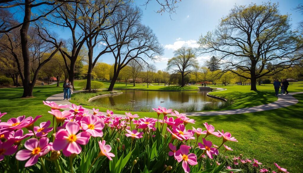 A sun-drenched spring day in a lush, verdant park. Vibrant blooming flowers in the foreground, their petals gently swaying in a soft breeze. Families and friends strolling leisurely on winding paths, enjoying the mild weather and the beauty of the season. In the middle ground, a picturesque pond reflects the azure sky, with ducks gliding across its calm surface. Beyond, towering trees provide dappled shade, their fresh green foliage rustling overhead. The warm, inviting atmosphere encourages visitors to linger, appreciating the myriad springtime delights surrounding them. A wide-angle lens captures this idyllic scene, conveying the serene tranquility and abundance of nature's seasonal charms. A sun-drenched spring day in a lush, verdant park. Vibrant blooming flowers in the foreground, their petals gently swaying in a soft breeze. Families and friends strolling leisurely on winding paths, enjoying the mild weather and the beauty of the season. In the middle ground, a picturesque pond reflects the azure sky, with ducks gliding across its calm surface. Beyond, towering trees provide dappled shade, their fresh green foliage rustling overhead. The warm, inviting atmosphere encourages visitors to linger, appreciating the myriad springtime delights surrounding them. A wide-angle lens captures this idyllic scene, conveying the serene tranquility and abundance of nature's seasonal charms.