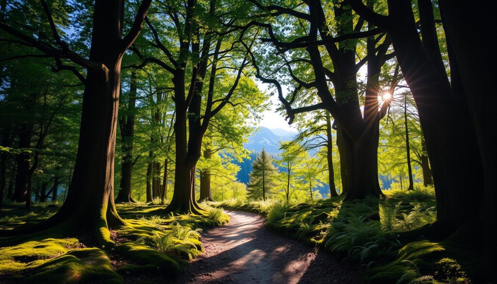 A sunlit forest path winding through the lush, verdant canopy of ancient trees in Zakopane, Poland. Dappled light filters through the leaves, casting a warm, magical glow on the winding trail. Majestic trunks rise up on either side, their branches forming a natural archway overhead. Soft mosses and ferns line the path, creating a sense of enchantment. In the distance, glimpses of the rugged, snow-capped Tatra Mountains peek through the foliage. The scene evokes a serene, ethereal atmosphere, inviting the viewer to embark on a peaceful, cloud-like stroll above the forest floor.