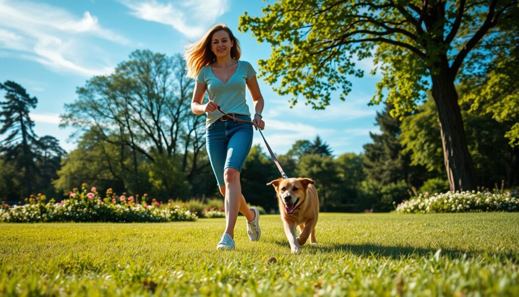 A sunny park with lush greenery, a person walking a medium-sized dog on a leash. The dog is energetic, pulling slightly as they explore the path. The person is relaxed, dressed casually, enjoying the pleasant weather. The background features trees, flowers, and a clear blue sky with wispy clouds. The composition is balanced, with the person and dog positioned in the middle ground, allowing for a sense of depth and open space. Soft, warm lighting illuminates the scene, creating a peaceful, relaxing atmosphere. The overall impression is one of a leisurely, enjoyable dog walk on a beautiful day.