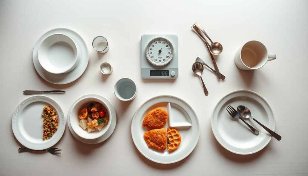 A table set with a variety of portion-controlled plates, bowls, and cups. On the table, a scale, measuring cups, and spoons to illustrate portion control techniques. Soft, diffused lighting illuminates the scene, creating a calm, educational atmosphere. The tabletop is clean and uncluttered, allowing the focus to remain on the essential tools for managing food portions. The color palette is muted, with earthy tones to convey a sense of balance and moderation. The overall composition is symmetrical and visually appealing, showcasing the various methods for controlling portion sizes.