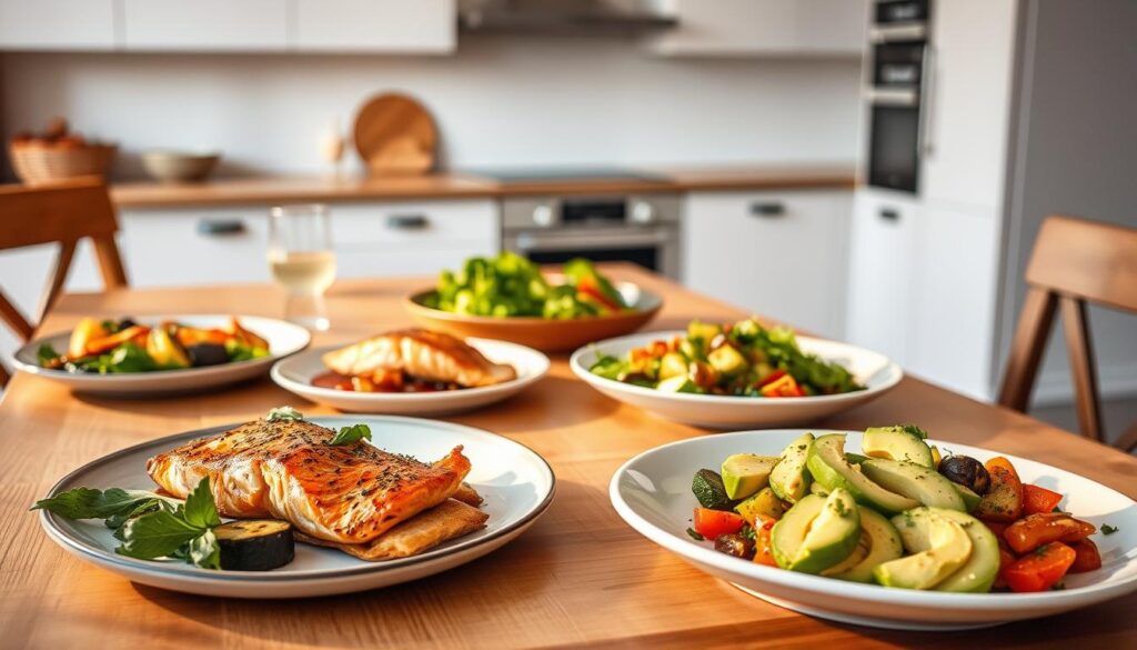 A table set with various keto-friendly dishes, including grilled salmon, roasted vegetables, and a creamy avocado salad. The table is bathed in warm, golden lighting, creating a cozy and inviting atmosphere. In the background, a minimalist kitchen with clean white cabinets and natural wood accents. The overall composition conveys the simplicity and elegance of a keto-friendly meal, perfectly suited for the "Menu na diecie keto" section of the article.