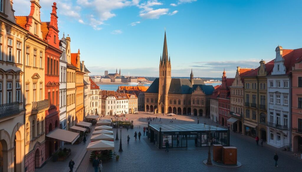 A tranquil autumn afternoon in Stare Miasto Wrocław, the historic old town of Wrocław, Poland. The iconic facades of colorful buildings line the cobblestone streets, their ornate details and intricate architecture bathed in warm, golden light. In the foreground, a quaint town square comes into view, with people leisurely strolling and gathering at the charming cafes. The iconic Rynek, or market square, dominates the middle ground, its striking Gothic town hall and merchant houses casting long shadows across the scene. In the background, the majestic Odra River winds through the city, its serene waters reflecting the stately spires and domes of the skyline. An air of timeless elegance and tranquility pervades this enchanting historic district, inviting the viewer to explore its timeless beauty.