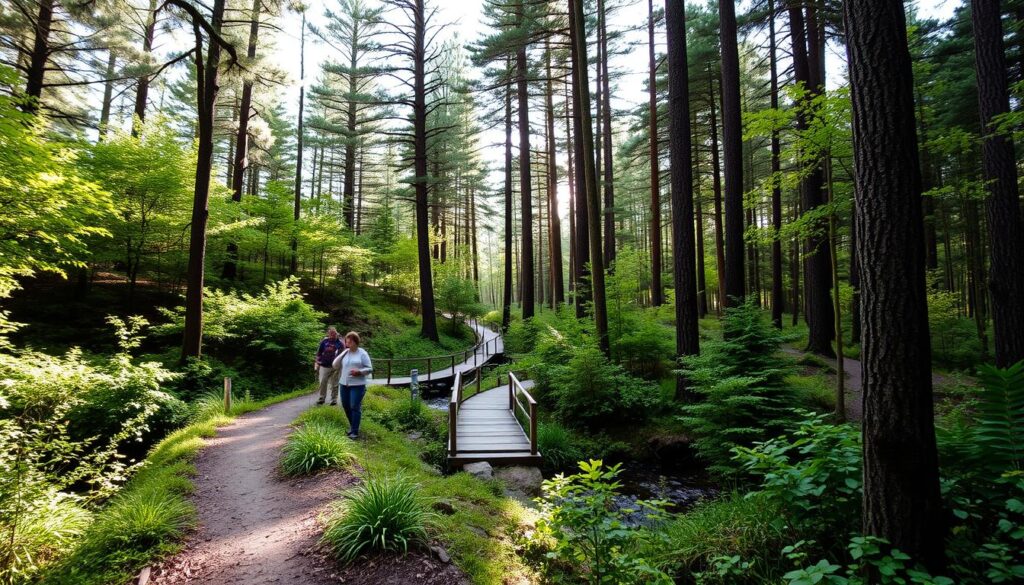 A tranquil forest trail winds through lush greenery, sunlight filtering through the canopy above. In the foreground, a well-marked path leads the way, inviting hikers to explore safely. Sturdy wooden bridges cross babbling brooks, offering secure passage. The middle ground features signposts and trail markers, guiding visitors along the route. Towering pine and oak trees line the periphery, creating a serene natural backdrop. The overall atmosphere conveys a sense of harmony and accessibility, encouraging a peaceful, restorative outdoor experience.