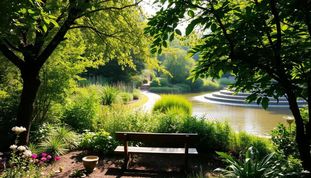 A tranquil garden oasis, dappled sunlight filtering through lush foliage. In the foreground, a secluded meditation nook with a simple wooden bench, surrounded by fragrant flowers and verdant plants. The middle ground features a winding path leading deeper into the garden, inviting exploration. In the background, a serene pond reflects the sky, its surface rippling gently. The atmosphere is one of serenity and contemplation, encouraging the visitor to slow down, breathe deeply, and find inner peace amidst the natural beauty.