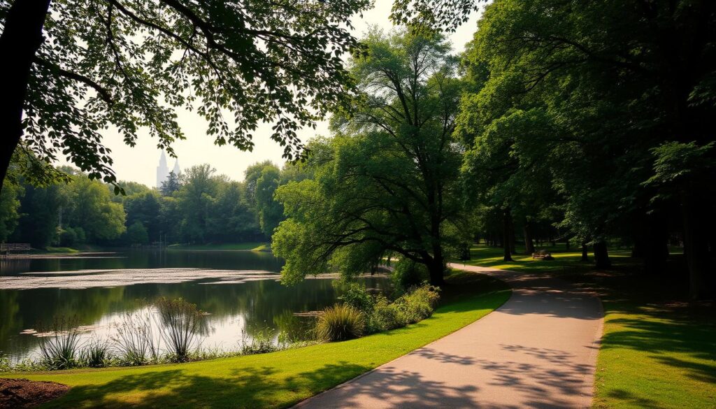 A tranquil nature reserve in the heart of Warsaw, Rezerwat Przyrody Morysin is a lush oasis of verdant landscapes. Capture the serene atmosphere with a wide, establishing shot showcasing the picturesque pond, its calm waters reflecting the surrounding trees and foliage. In the foreground, a winding path leads visitors through the reserve, inviting seniors to stroll at a leisurely pace. The middle ground features dense, leafy trees casting dappled shadows, creating a soothing, natural ambiance. In the background, a glimpse of the city skyline serves as a subtle reminder of the urban setting. Utilize a soft, warm lighting to convey a sense of tranquility, with a slightly hazy, atmospheric quality to evoke the peaceful mood of this oasis within the bustling capital.