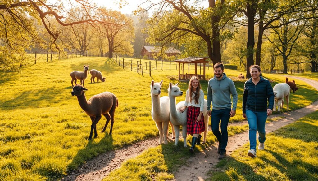 A tranquil nature scene set in the lush hills of Wrocław, Poland. A group of curious alpacas graze peacefully in a verdant meadow, their soft, fluffy coats gently swaying in the warm breeze. In the foreground, a family of four strolls along a winding dirt path, their faces alight with wonder and joy as they interact with the friendly animals. Warm, golden sunlight filters through the canopy of trees, casting a serene glow over the entire tableau. The overall atmosphere is one of calm relaxation and immersive connection with the natural world. A perfect illustration of an unforgettable alpaca walking experience.