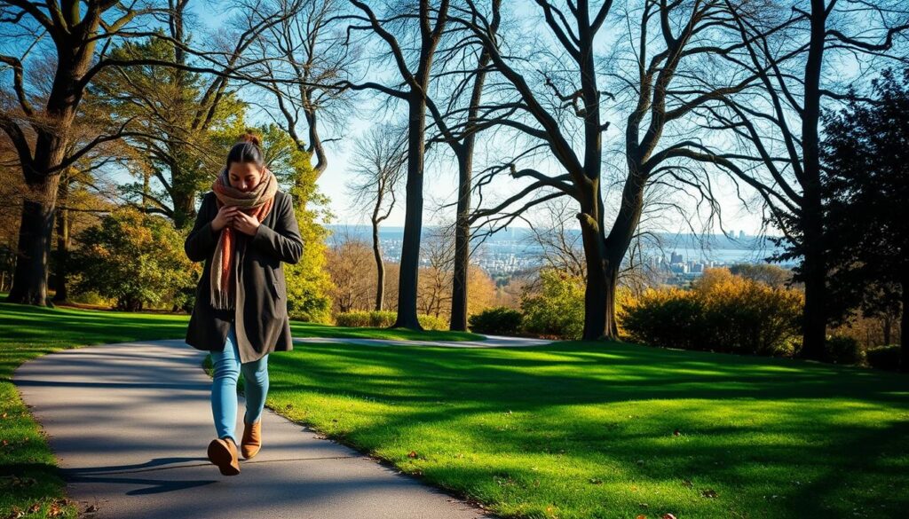 A tranquil outdoor scene, captured on a crisp, sunny day. In the foreground, a person wrapped in a cozy scarf and coat strolls leisurely along a winding path, their steps light and rejuvenated. The middle ground features a lush, verdant park, with towering trees and vibrant foliage, casting dappled shadows across the ground. In the background, the skyline is dotted with distant buildings, hinting at the bustling city beyond the serene oasis. The lighting is warm and natural, with soft highlights and gentle shadows, creating a sense of calm and healing. The overall atmosphere conveys the restorative power of a simple walk, its positive impact on the recovery process from the flu evident in the subject's energized stride and rejuvenated spirit.