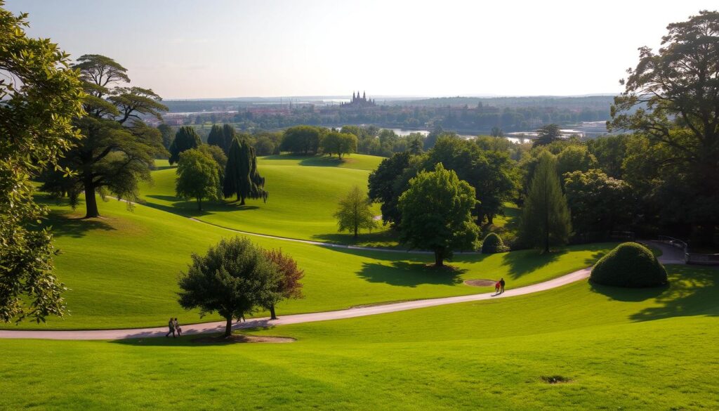 A vast, lush green expanse of Błonia Krakowskie, a beloved urban park in the heart of Krakow, Poland. Sweeping vistas of rolling hills and manicured lawns, dotted with stately trees casting gentle shadows. Sunlight filters through the foliage, creating a warm, inviting atmosphere. In the distance, the iconic Wawel Castle and the Vistula River can be seen, adding to the picturesque setting. People stroll leisurely along the winding paths, enjoying the tranquility and natural beauty of this idyllic retreat from the bustling city. A wide-angle lens captures the expansive, serene landscape, showcasing Błonia Krakowskie as the perfect place for a peaceful and rejuvenating walk.
