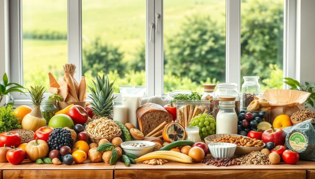 A vibrant and appetizing still life showcasing a variety of gluten-free food items. In the foreground, a colorful assortment of fresh fruits, vegetables, grains, and legumes are neatly arranged on a rustic wooden table, bathed in warm, natural lighting. In the middle ground, a selection of gluten-free baked goods, such as bread, muffins, and pastries, are displayed alongside various dairy products and condiments. In the background, a lush, verdant landscape can be seen through a large window, adding a sense of freshness and vitality to the scene. The overall composition conveys a sense of health, balance, and culinary delight, perfectly encapsulating the essence of a gluten-free diet.