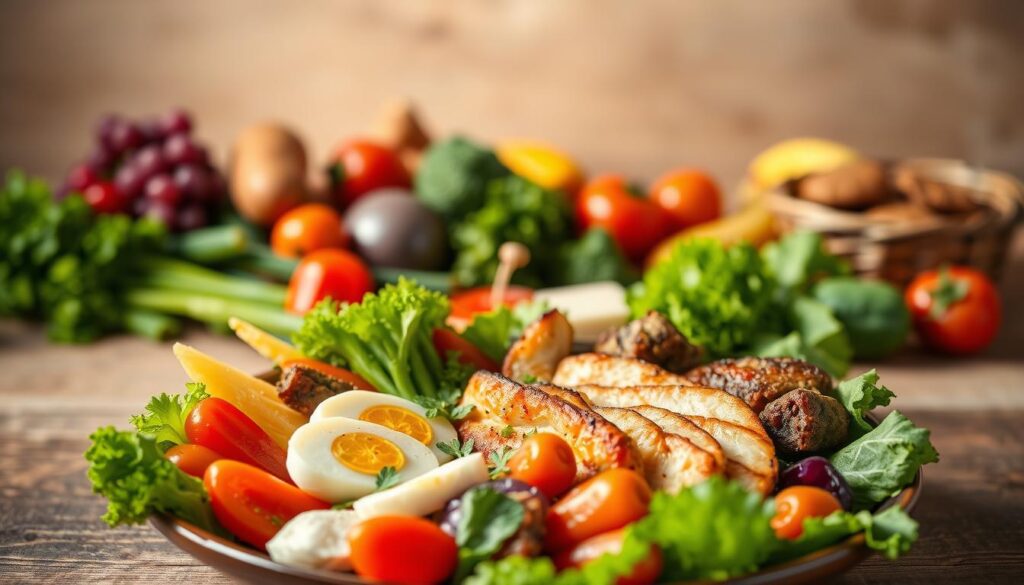 A vibrant and nutritious keto-friendly meal set against a soft, natural backdrop. In the foreground, a balanced plate showcases an array of fresh vegetables, succulent proteins, and rich healthy fats. The lighting is warm and inviting, casting a gentle glow across the scene. In the middle ground, a variety of keto-approved ingredients are artfully arranged, highlighting the variety and abundance of this wholesome dietary approach. The background features a serene, earthy tone, conveying a sense of calm and wellness. The overall atmosphere is one of balance, vitality, and a holistic approach to nourishing the body through a ketogenic lifestyle.