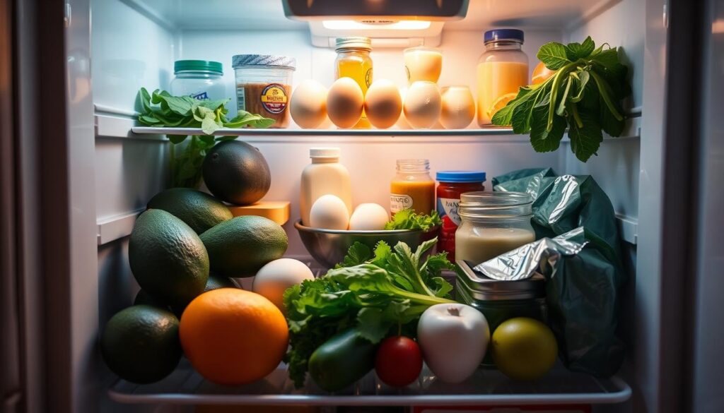 A vibrant, high-contrast photograph of a well-stocked refrigerator filled with various keto-friendly foods, including avocados, eggs, leafy greens, and healthy fats. The refrigerator is brightly lit from within, casting a warm glow over the scene. The camera is positioned at a slight angle, capturing the depth and variety of the items in a visually appealing composition. The overall mood is one of abundance, balance, and the promise of a successful keto diet journey.