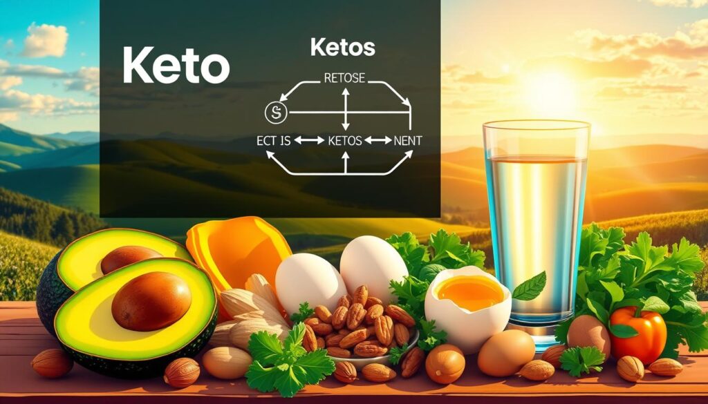 A vibrant, richly detailed illustration of the ketogenic diet. In the foreground, an arrangement of keto-friendly foods - avocado, eggs, nuts, leafy greens, and a glass of water. The middle ground features a stylized ketosis diagram, with arrows and icons depicting the metabolic process. In the background, a serene landscape with rolling hills, a blue sky, and warm, natural lighting that casts a soft glow over the scene. The overall mood is one of balance, health, and the abundance of nature's nutritious offerings. The composition is visually striking, guiding the eye through the key elements of the ketogenic diet introduction.
