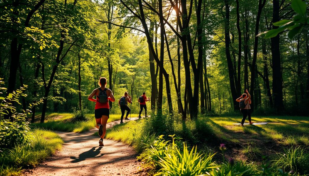 A vibrant scene of physical activity in a lush forest. In the foreground, a person jogging along a winding dirt path, their silhouette illuminated by dappled sunlight filtering through the verdant canopy above. The middle ground features a group of people hiking through the undergrowth, their backpacks and trekking poles visible. In the background, a serene clearing where a couple practices yoga, their limbs flowing in graceful poses. The atmosphere is one of tranquility and rejuvenation, with a warm, golden glow cast by the afternoon sun. The image conveys the sense of reconnecting with nature and the benefits of outdoor exercise in this peaceful, woodland setting.