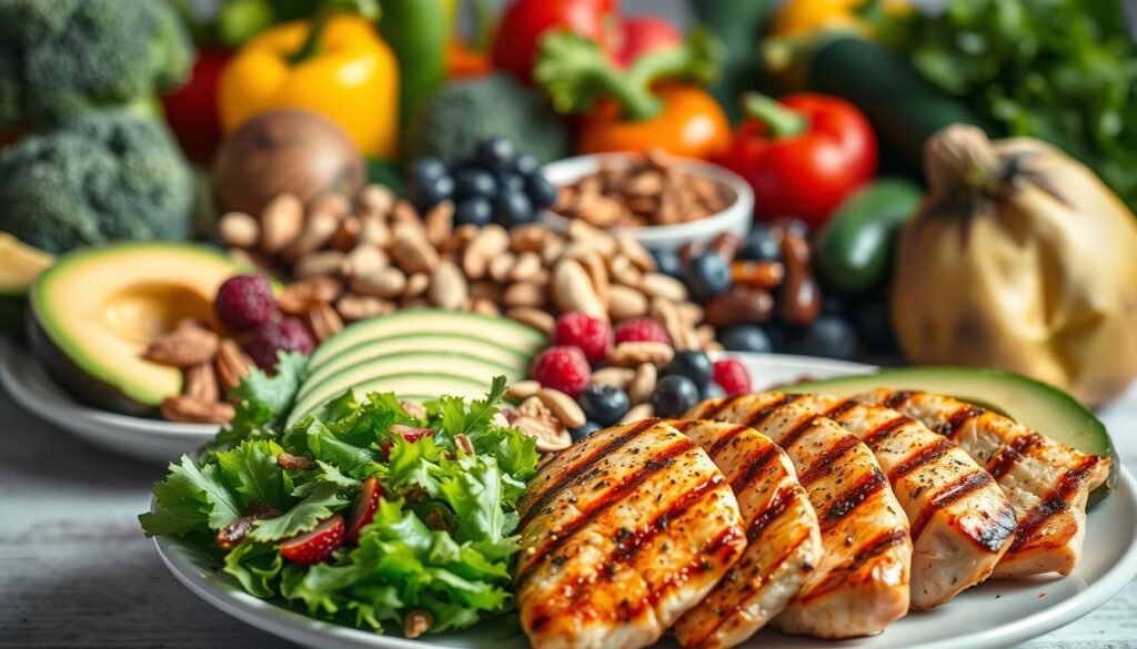 A vibrant still-life showcasing a selection of low-carb food options. In the foreground, a plate filled with juicy grilled chicken, crisp green salad, and sliced avocado. In the middle, an assortment of nuts, seeds, and low-sugar berries arranged artfully. The background features a variety of fresh vegetables, such as broccoli, bell peppers, and zucchini, all bathed in soft, natural lighting. The overall scene conveys a sense of health, balance, and culinary delight, perfectly encapsulating the essence of a low-carb diet. A vibrant still-life showcasing a selection of low-carb food options. In the foreground, a plate filled with juicy grilled chicken, crisp green salad, and sliced avocado. In the middle, an assortment of nuts, seeds, and low-sugar berries arranged artfully. The background features a variety of fresh vegetables, such as broccoli, bell peppers, and zucchini, all bathed in soft, natural lighting. The overall scene conveys a sense of health, balance, and culinary delight, perfectly encapsulating the essence of a low-carb diet.