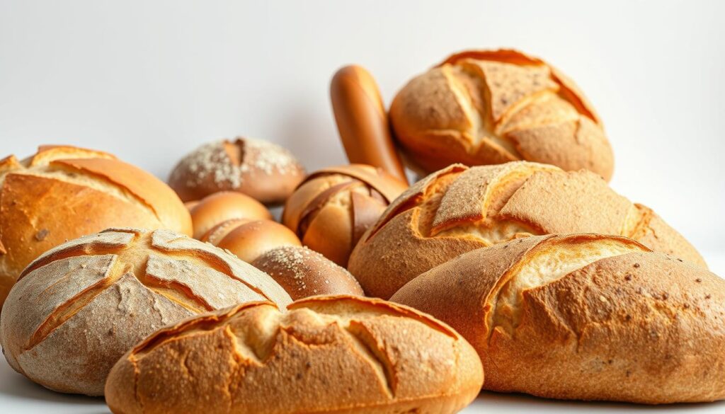 A vibrant still life showcasing an assortment of freshly baked, nutritious breads against a clean, minimalist background. In the foreground, a variety of crusty, artisanal loaves in earthy tones of golden brown and deep amber. Textured, rustic crust and an inviting interior crumb. In the middle ground, an array of smaller breads, such as whole grain rolls and baguettes, arranged with care. The background is a plain, softly lit setting, allowing the breads to take center stage. Crisp, natural lighting highlights the breads' organic forms and appealing textures, conveying a sense of wholesome, homemade goodness. The overall composition is balanced, with a focus on showcasing the healthiest, most nourishing bread options.
