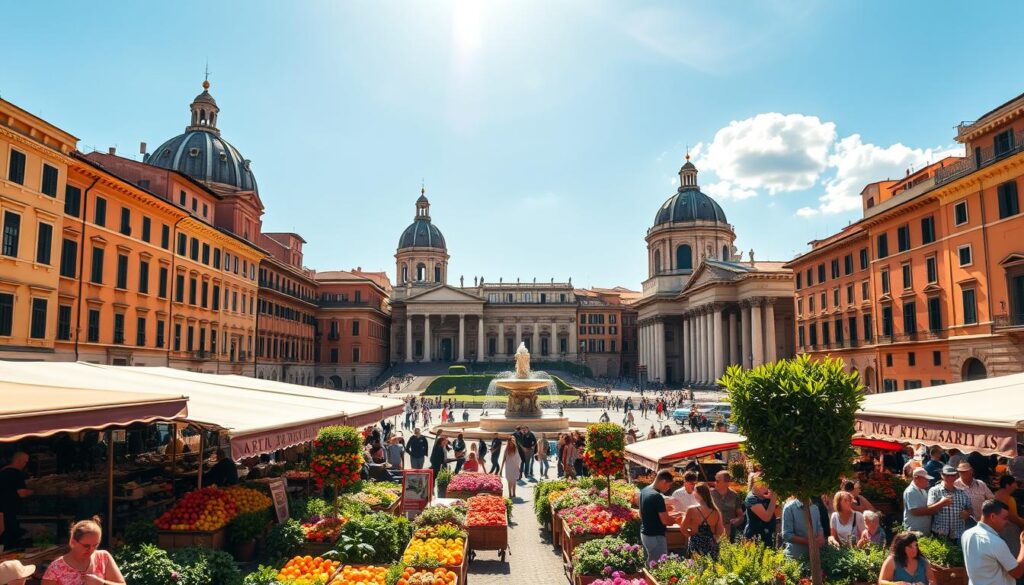 A vibrant, sun-drenched scene of Rome's iconic Campo dei Fiori and Piazza Navona, captured with a wide-angle lens to showcase the bustling activity and architectural grandeur. In the foreground, a lively market overflows with colorful produce and blooming flowers, while the historic buildings and fountains of the Piazza Navona take center stage in the middle ground. Towering domes and spires pierce the azure sky, creating a captivating skyline in the background. The warm, golden light infuses the scene with a sense of timeless vitality, inviting the viewer to immerse themselves in the rich cultural tapestry of these cherished urban spaces.